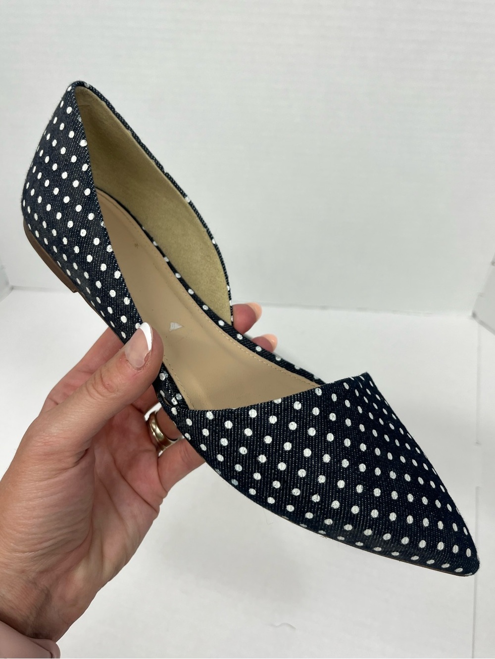 J Crew D’orsay Sloan flats in polka dot blue and white denim size 9